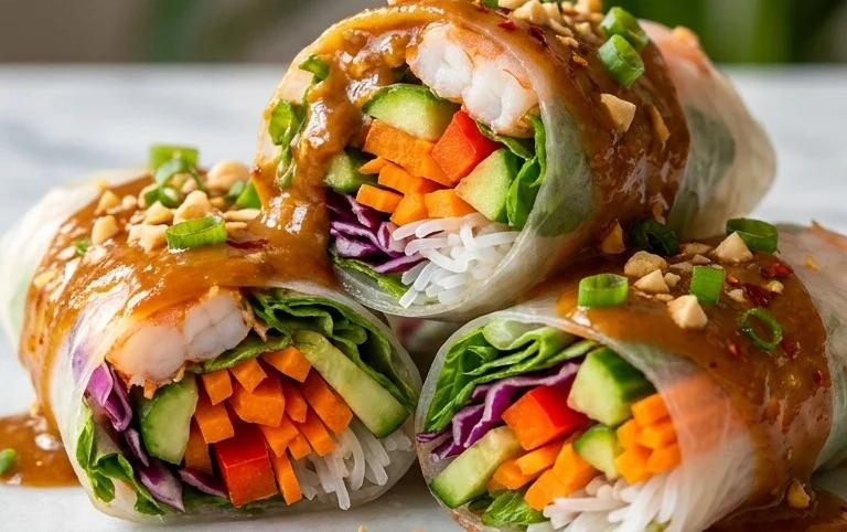 Rainbow Spring Rolls with Gin Extractger Peanut Sauce