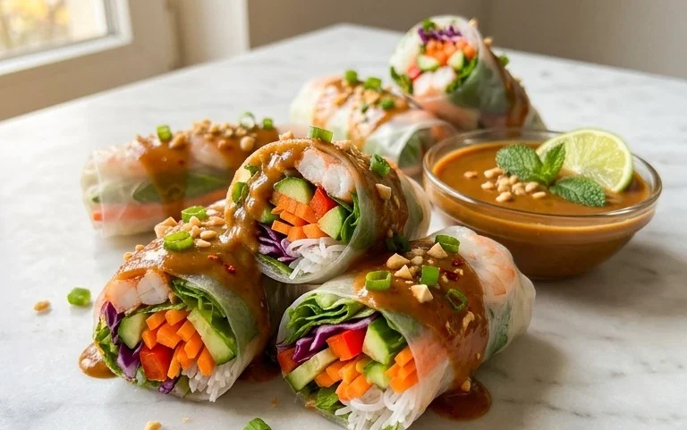 Rainbow Spring Rolls with Gin Extractger Peanut Sauce