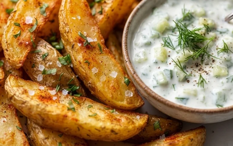 Kartoffelspalten mit Gurkendip