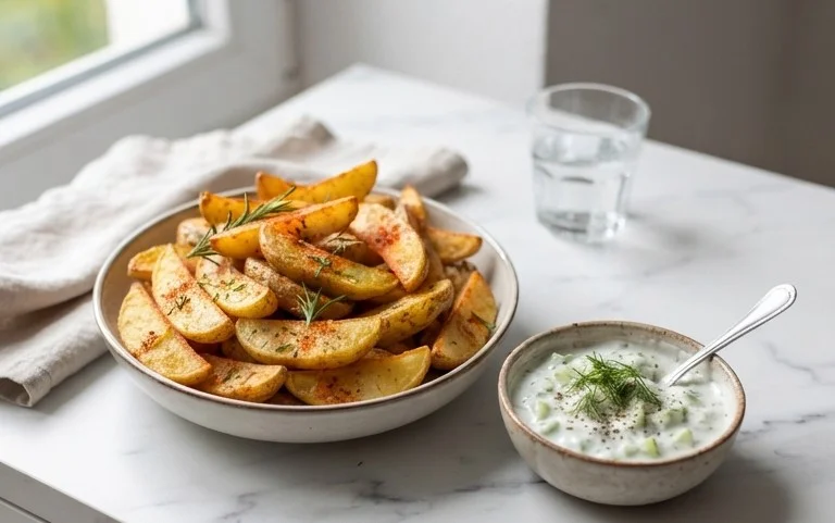 Kartoffelspalten mit Gurkendip