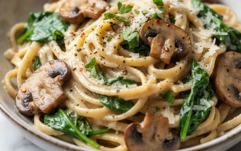 One-Pot Garlic Parmesan Pasta with Spinach and Mushrooms