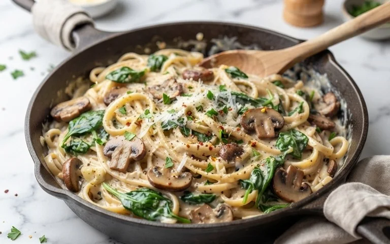 One-Pot Garlic Parmesan Pasta with Spinach and Mushrooms