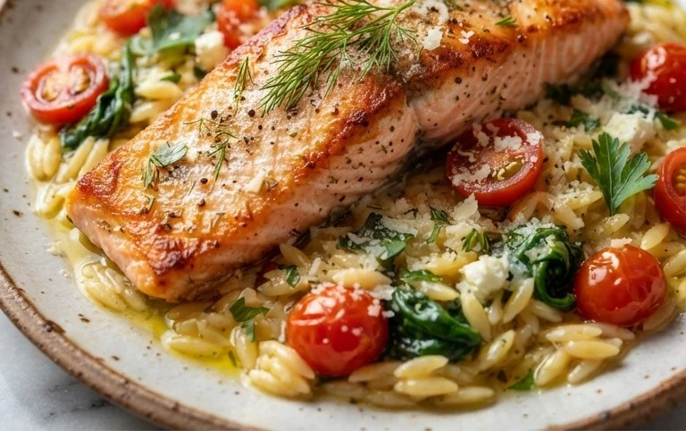 One Skillet Salmon with Lemon Orzo
