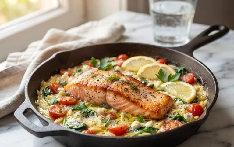 One Skillet Salmon with Lemon Orzo
