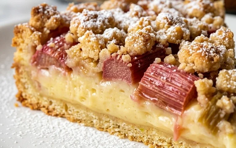 Rhabarberkuchen mit Pudding und Streuseln – wie von Oma