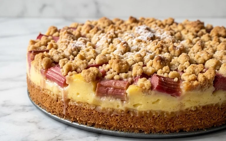 Rhabarberkuchen mit Pudding und Streuseln – wie von Oma