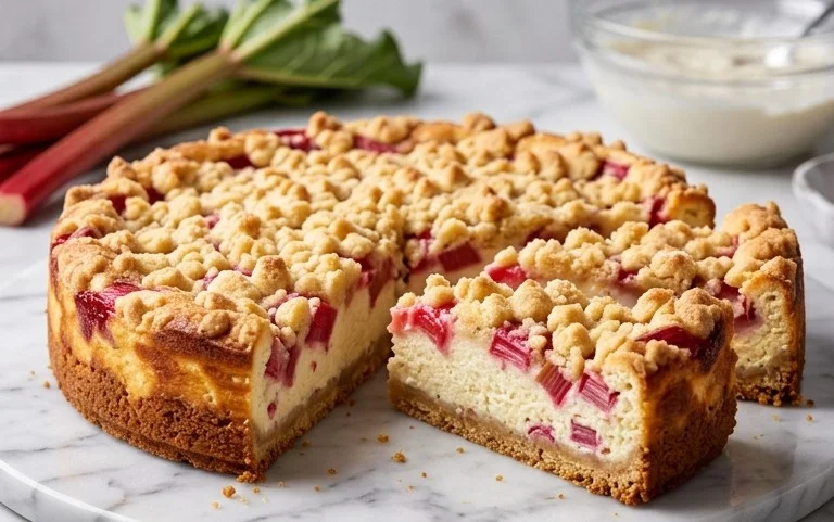 Rhabarber Quarkkuchen mit Butterstreuseln